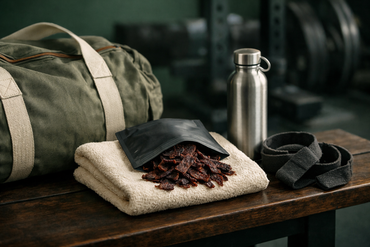 Gym bag and towel with a bag of biltong and a water bottle