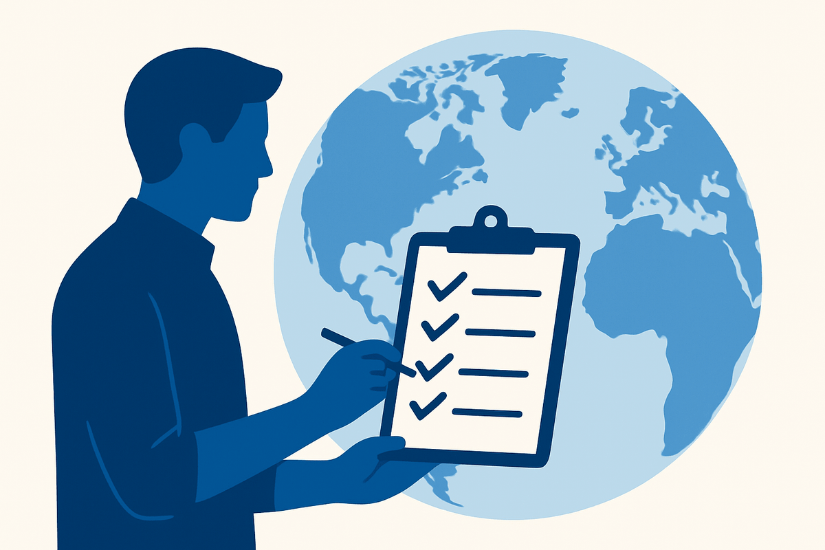 Illustration of a traveller holding a checklist in front of a globe