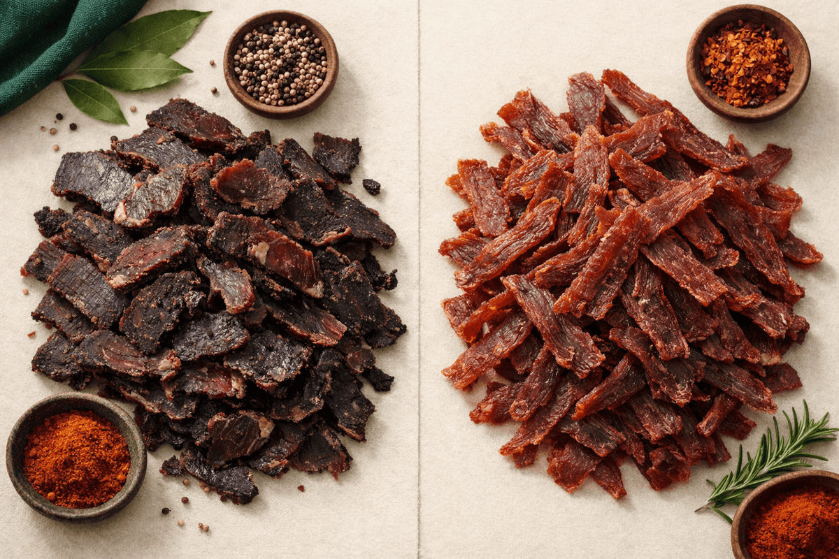 Biltong escuro seco ao ar ao lado de jerky avermelhado, com especiarias