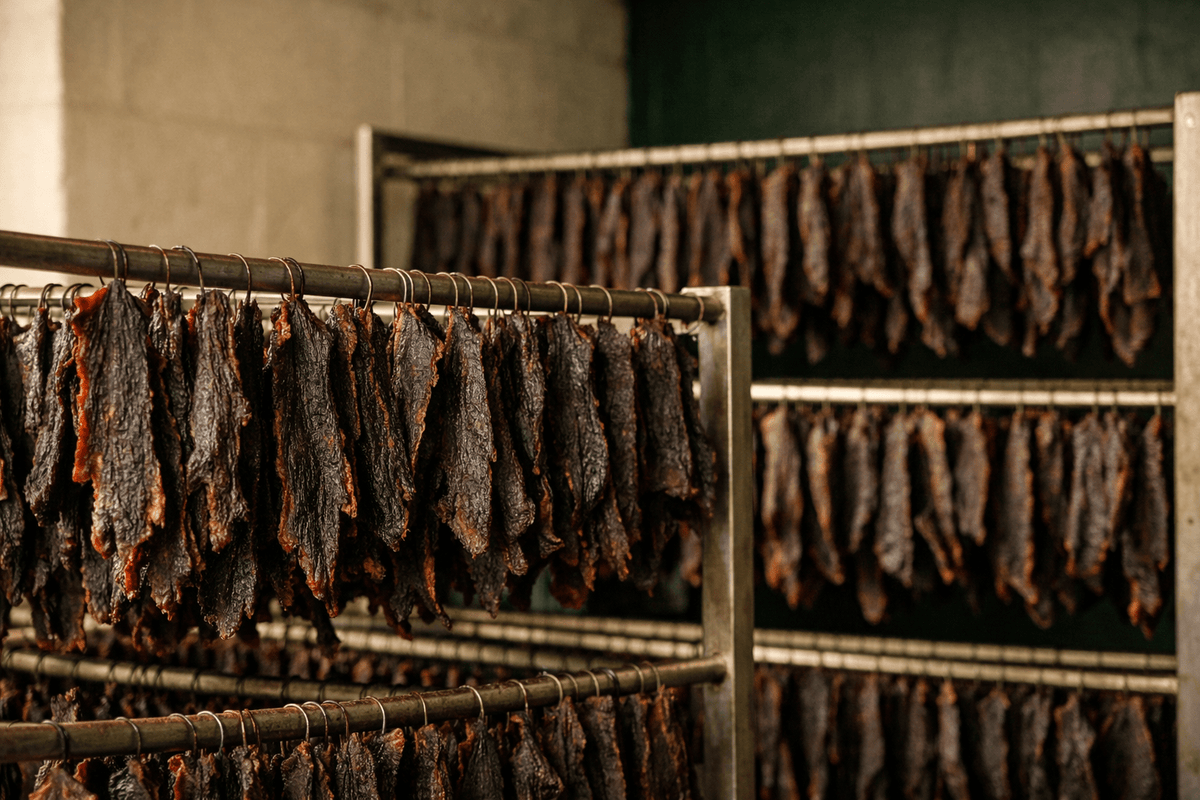 Tiras de carne de vaca penduradas em grades de secagem