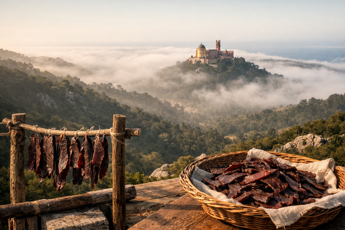 Tiras de carne a secar numa varanda com vista para as colinas de Sintra
