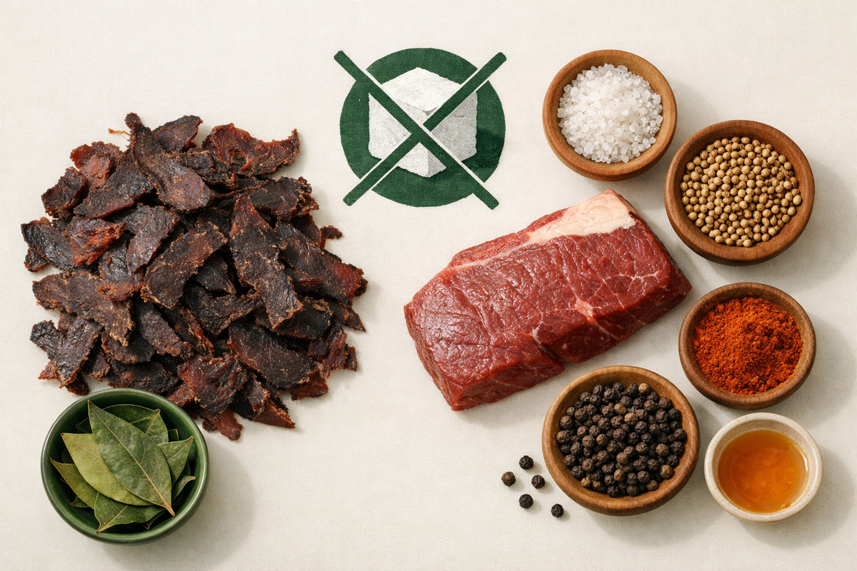 Biltong with its ingredients and a crossed-out sugar symbol