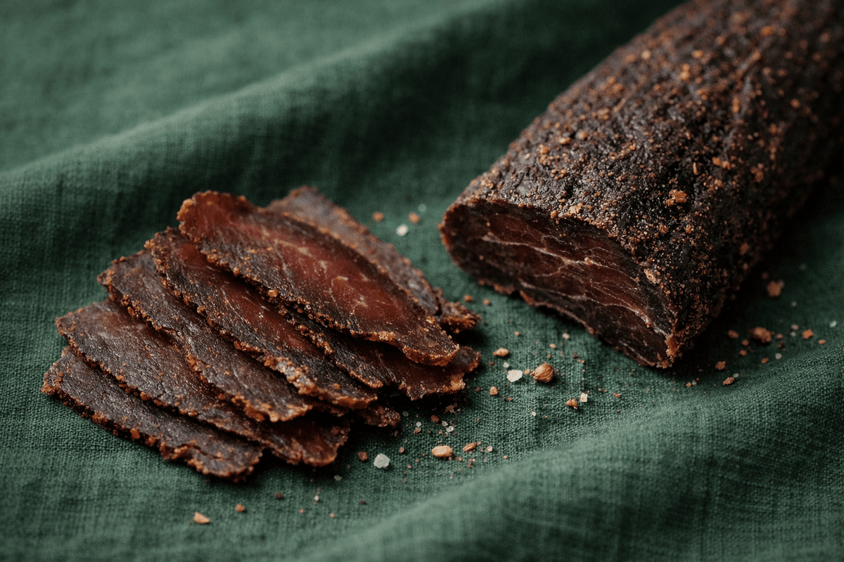 Slices of biltong beside a whole air-dried piece on a green cloth