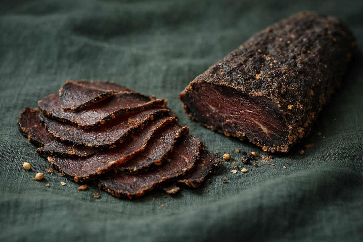 Sliced biltong fanned out next to a whole air-dried piece