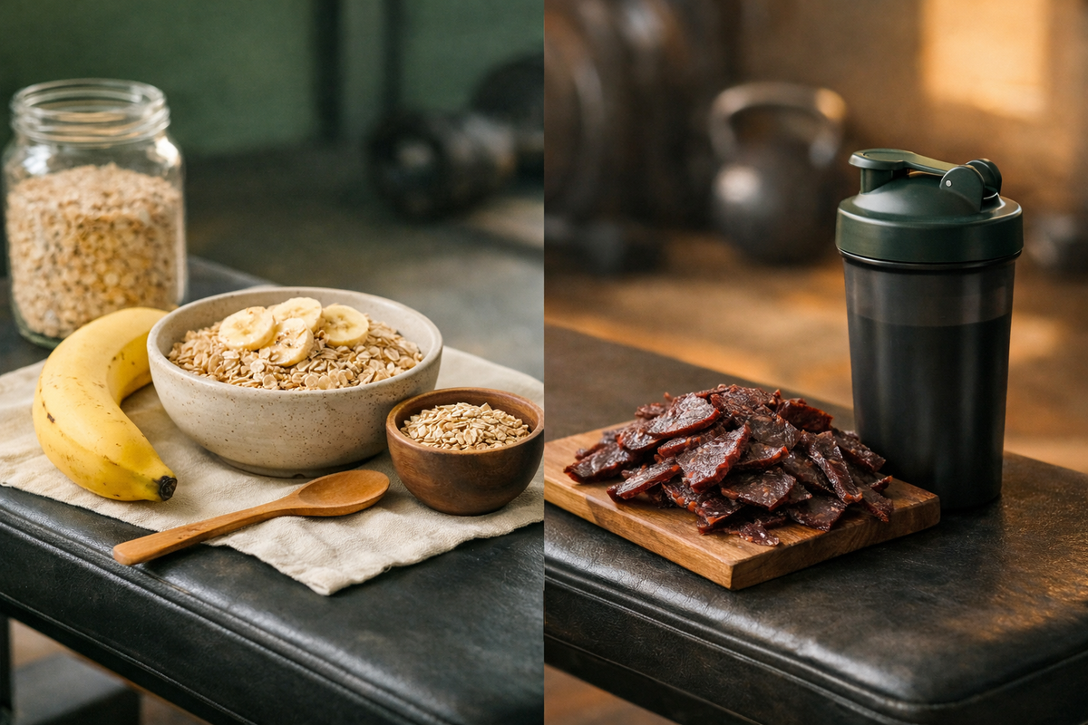 Oats and a banana before the gym, biltong and a shaker after