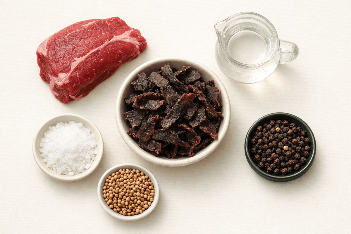 Bowl of biltong with raw beef, salt, coriander seeds, black pepper and vinegar