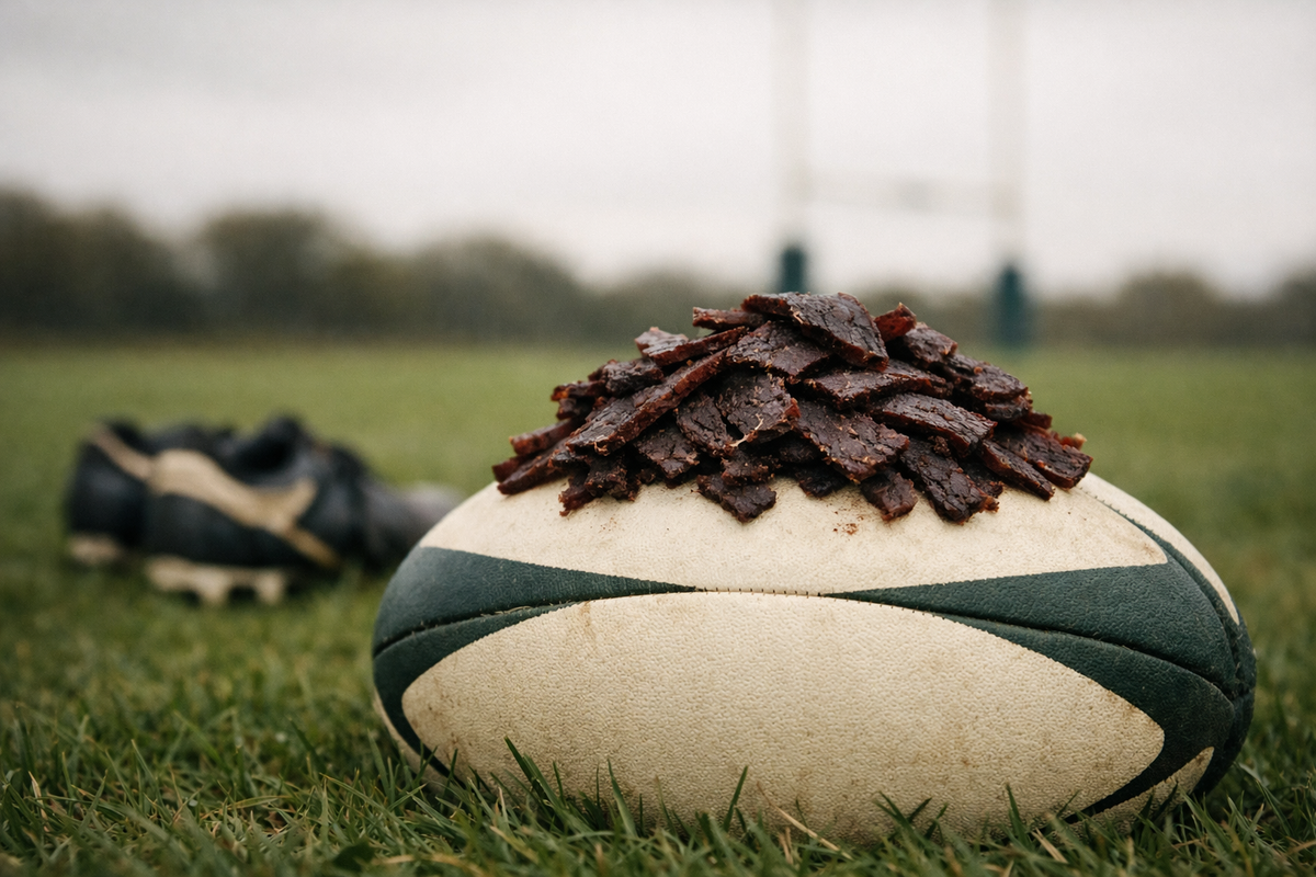 A pile of biltong on a rugby ball on a grass pitch