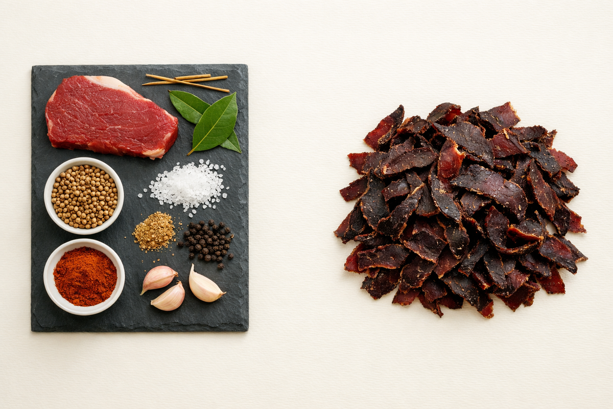 Biltong ao lado de carne de vaca crua e das especiarias da receita