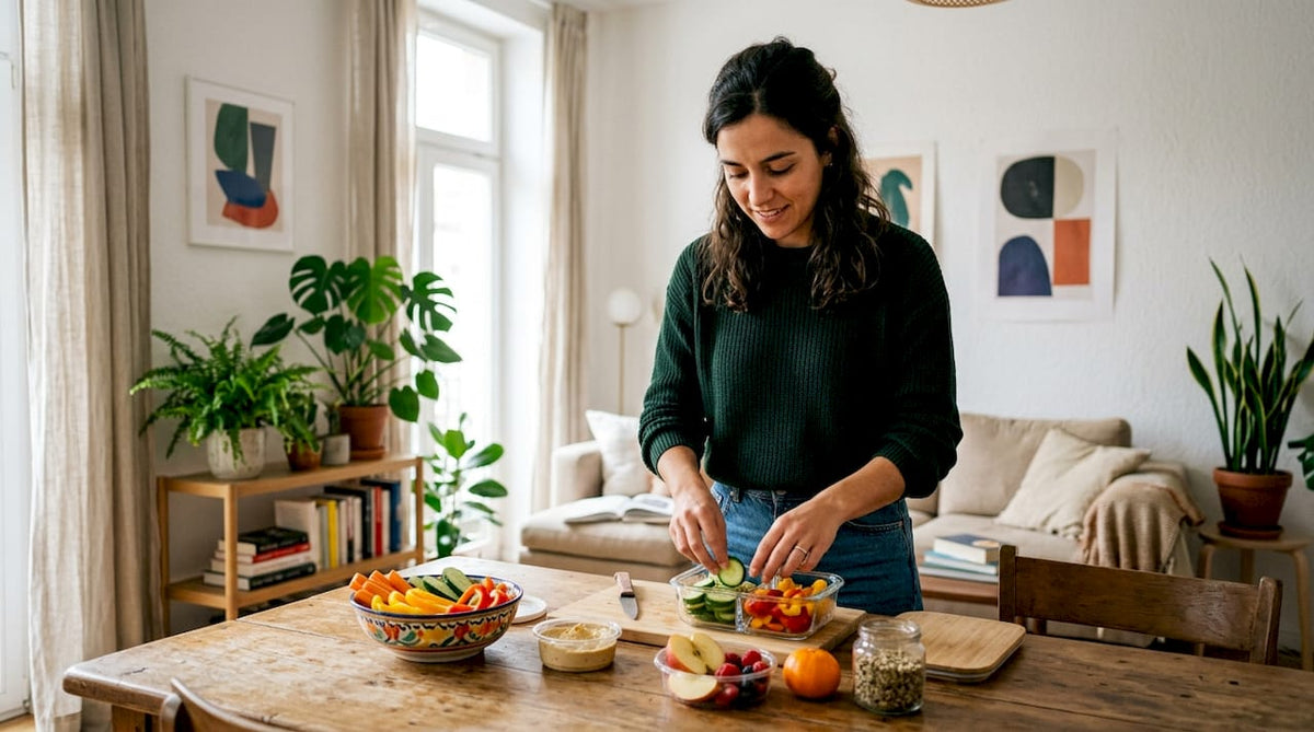 Mulher a preparar lanches saudáveis numa cozinha luminosa