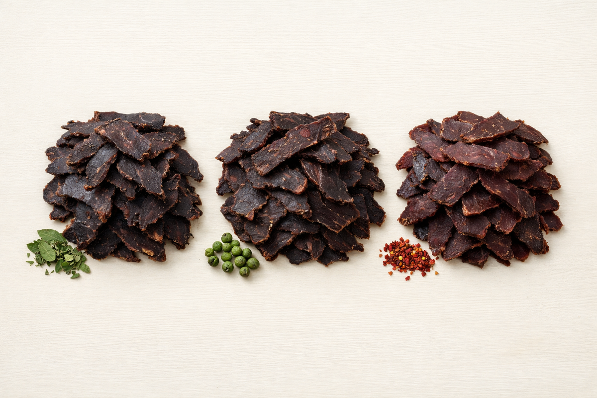 Três montes de biltong fatiado, um para cada sabor