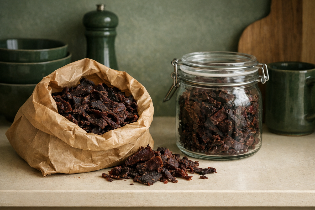 Biltong in a paper bag and a glass jar on a kitchen counter