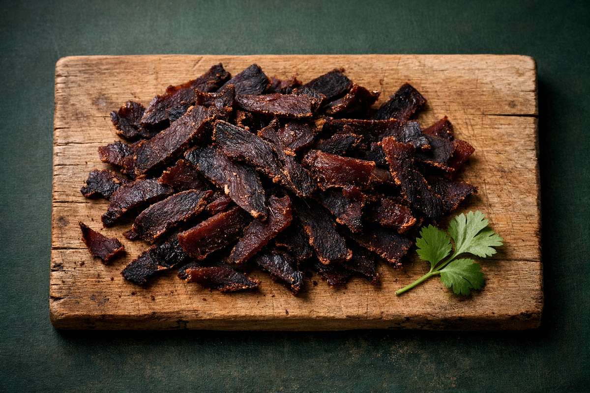 Sliced biltong on a wooden board with a sprig of fresh herbs