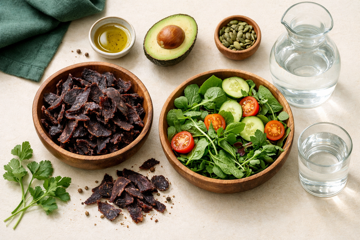 A bowl of biltong next to a fresh salad, avocado and a glass of water