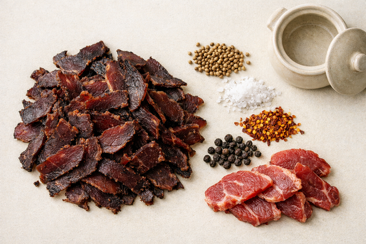 Biltong fatiado ao lado de carne de vaca crua, sal, coentros e pimenta