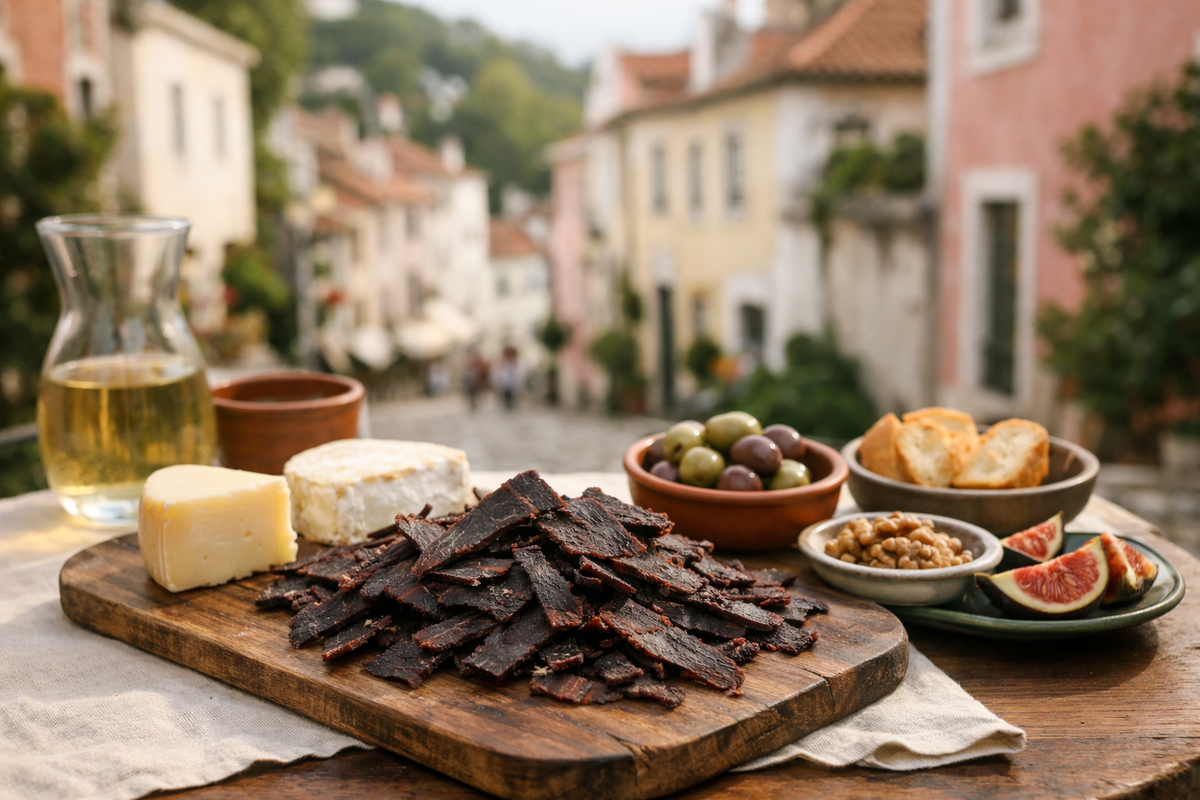A board of biltong with cheese, olives and bread at a café table on a Sintra street