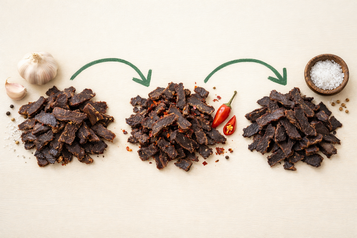 Três porções de biltong, com alho e malagueta a indicar cada sabor