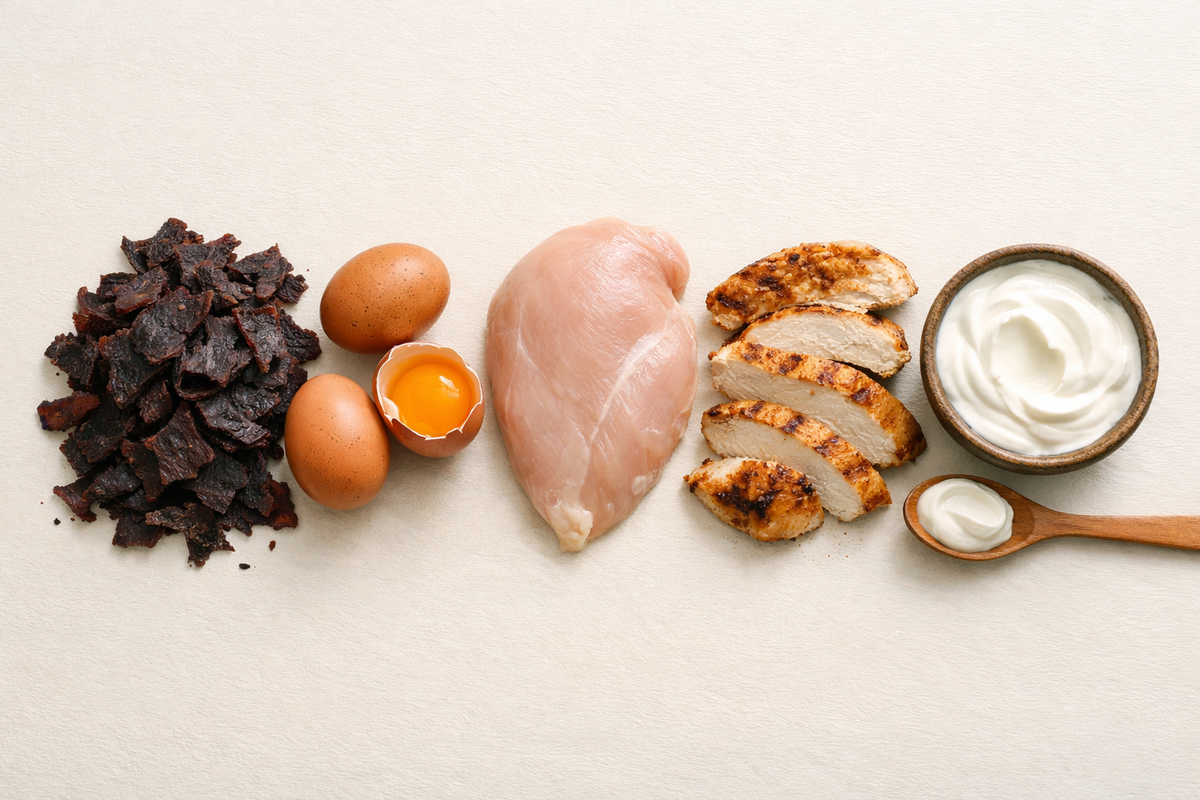 Biltong next to eggs, chicken breast and yoghurt as everyday protein sources