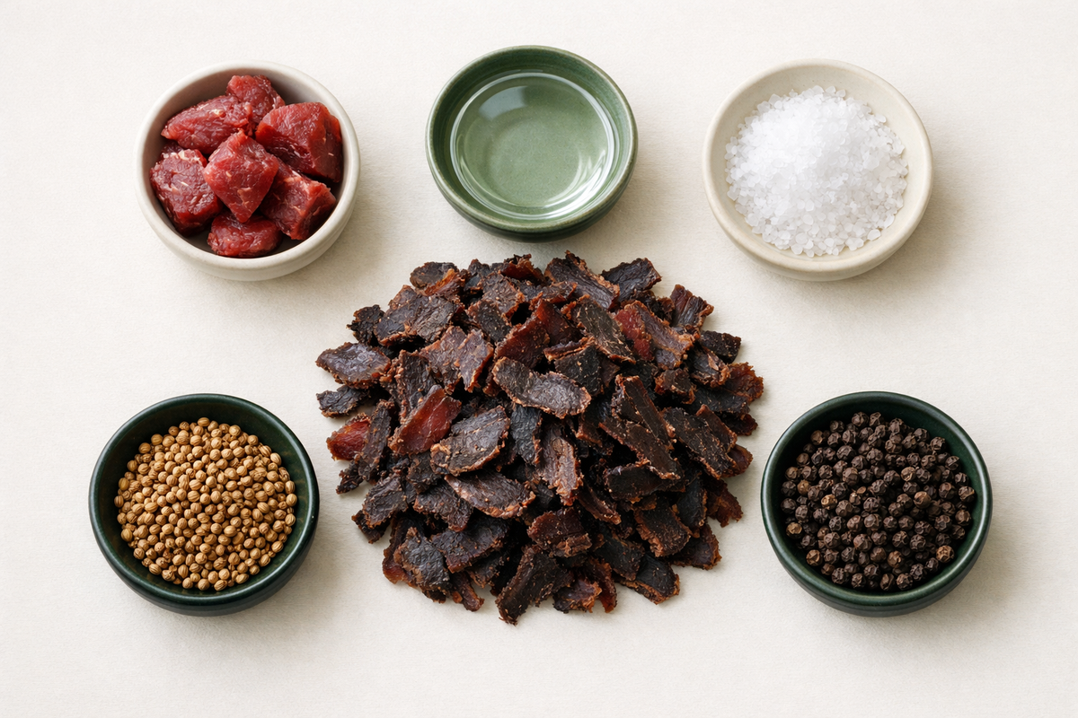 Biltong rodeado dos seus ingredientes: carne de vaca, sal, coentros, pimenta preta e vinagre