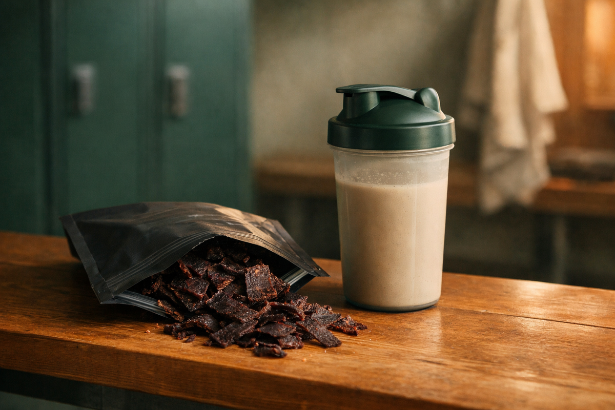 A bag of biltong and a protein shaker on a wooden bench in a changing room