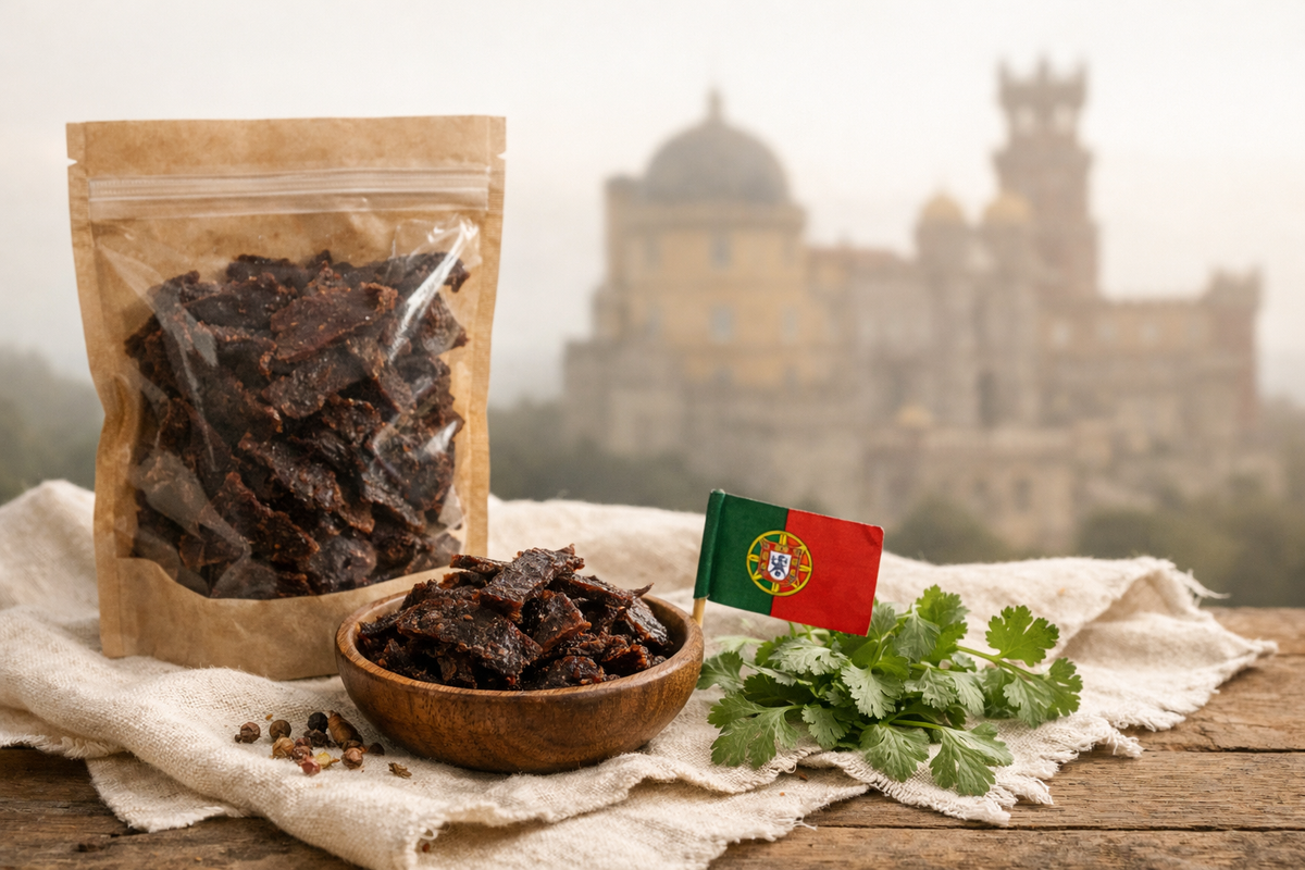 Saco de biltong Raw Sintra com bandeira portuguesa e o Palácio da Pena ao fundo