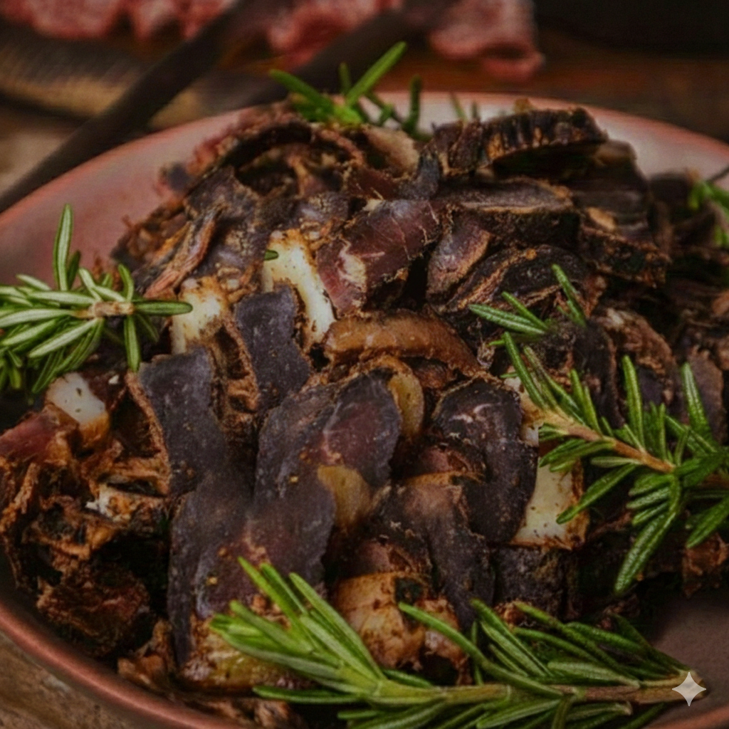 Dried beef biltong slices with rosemary on a ceramic plate