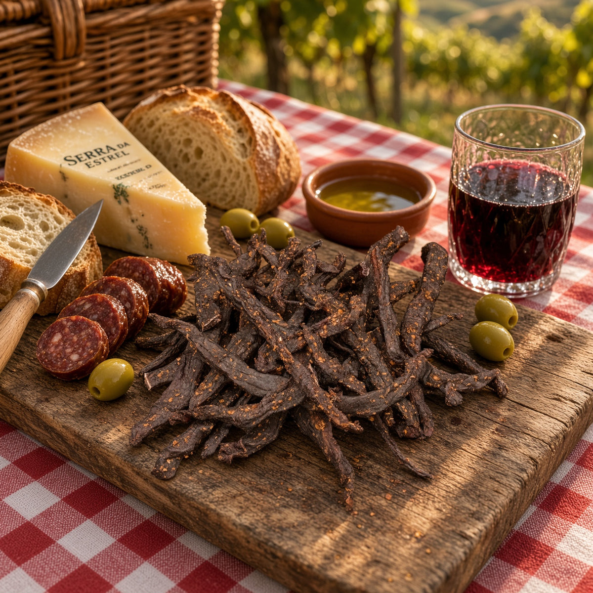A rustic charcuterie board outdoors on a red-and-white checkered tablecloth, featuring Raw Sintra dried beef chilli sticks, sliced salami, a wedge of Serra d'Alta cheese, bread, olives, a small bowl of oil, and a glass of red wine.