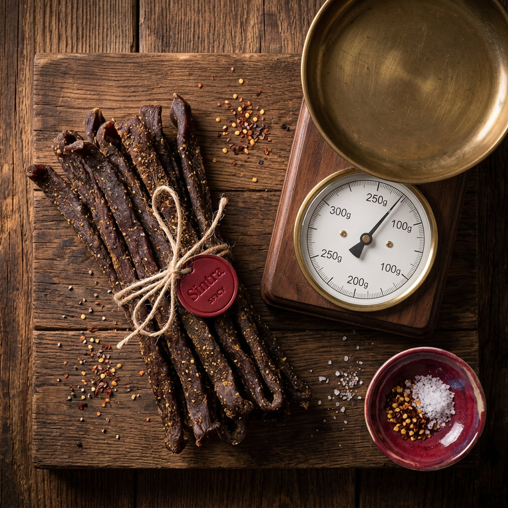 A bundle of Raw Sintra beef chilli sticks tied with string, next to a vintage kitchen scale and a bowl of spices