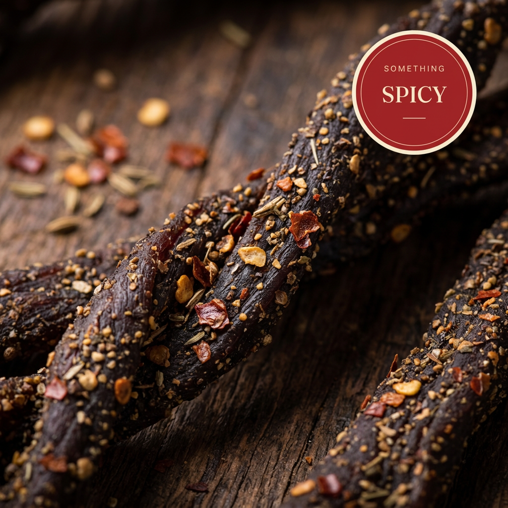 Raw Sintra spicy beef chilli sticks on a wooden board, scattered with chilli flakes and spices